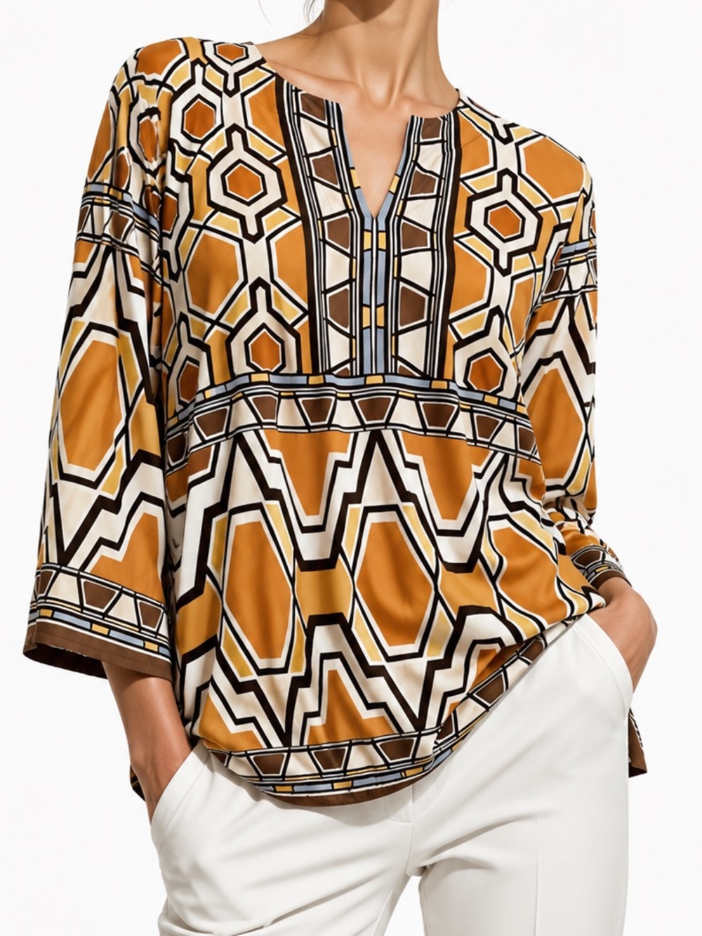CHICO’S Yellow Gold White & Brown Geometric Blouse Tunic Top